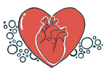 Illustration of an anatomical heart inside a red heart shape, surrounded by small circles representing blood cells.