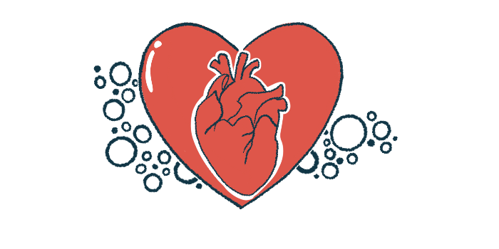 Illustration of an anatomical heart inside a red heart shape, surrounded by small circles representing blood cells.